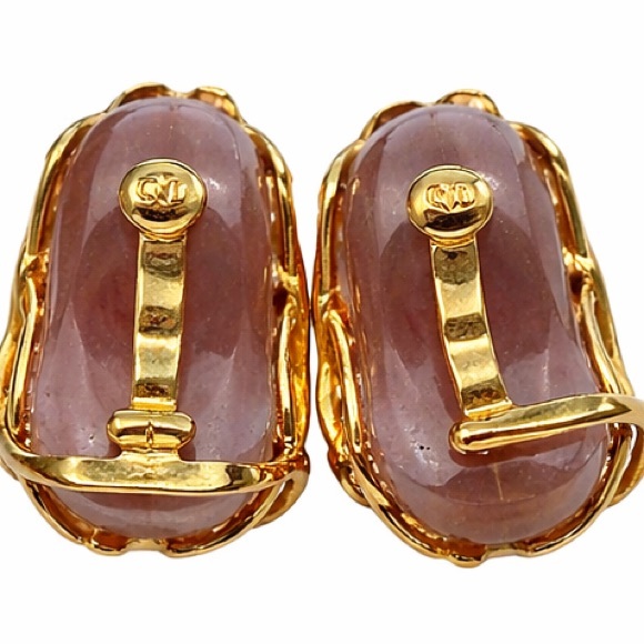 Vintage KJL Kenneth Jay Lane Gold Tone Dusty Pink Cabochon Clip-On Earrings - Picture 2 of 8